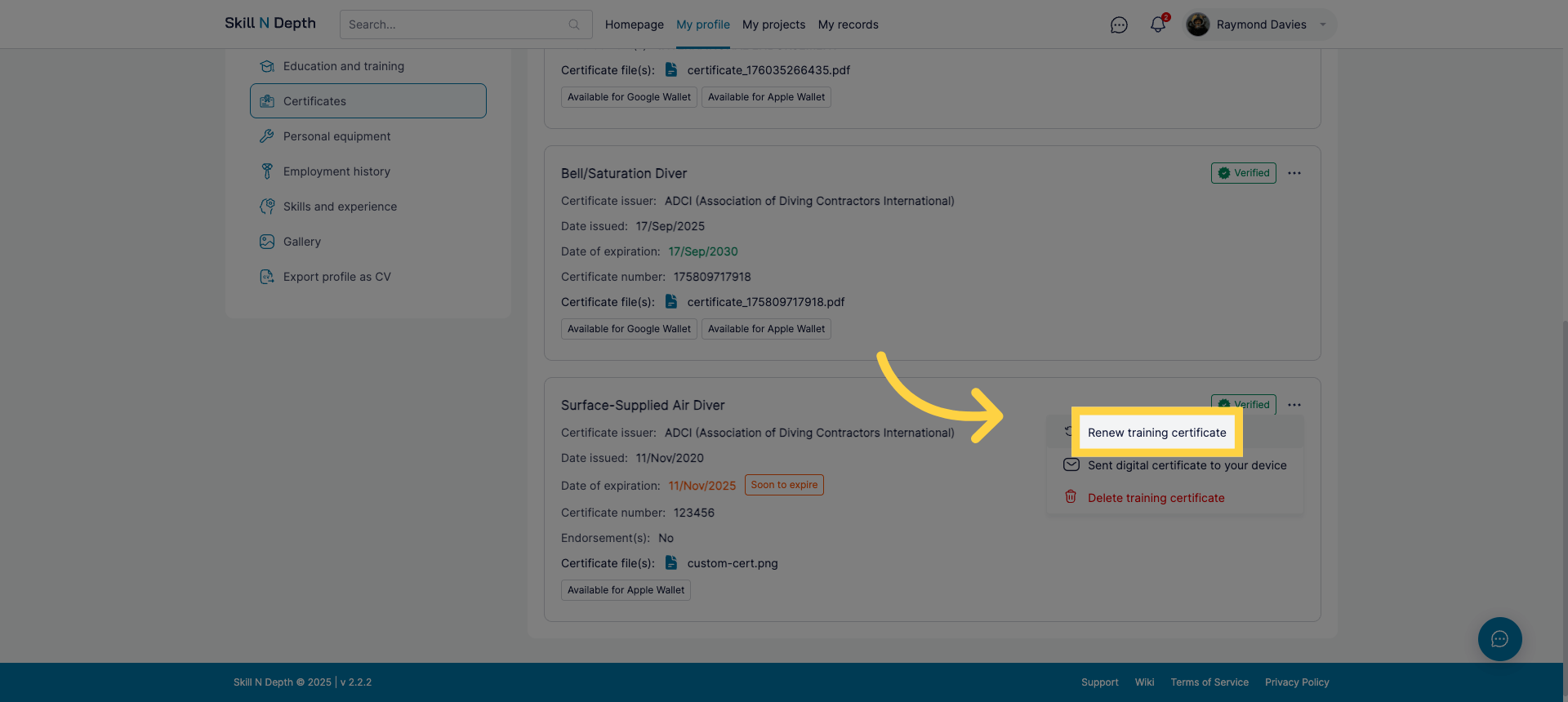 Select Renew Training Certificate